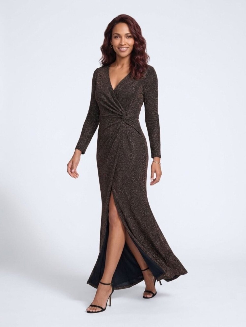 Ralph Lauren Elegant Black & Copper/Gold Long-Sleeve Full Length Dress With Wrap